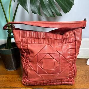 Falor Le Borse Genuine Leather Bag Red Quilted Patchwork Tote Italy Boho Style